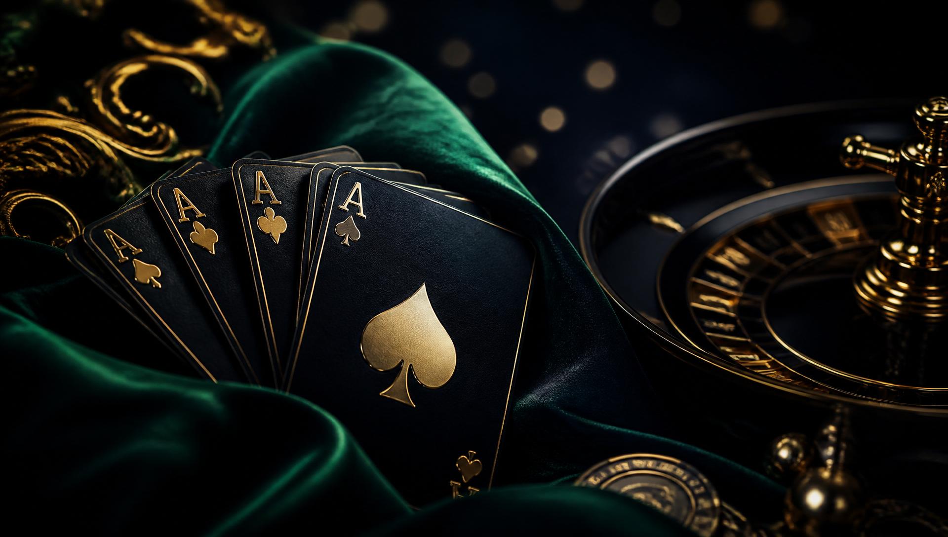 Golden playing cards on emerald casino felt